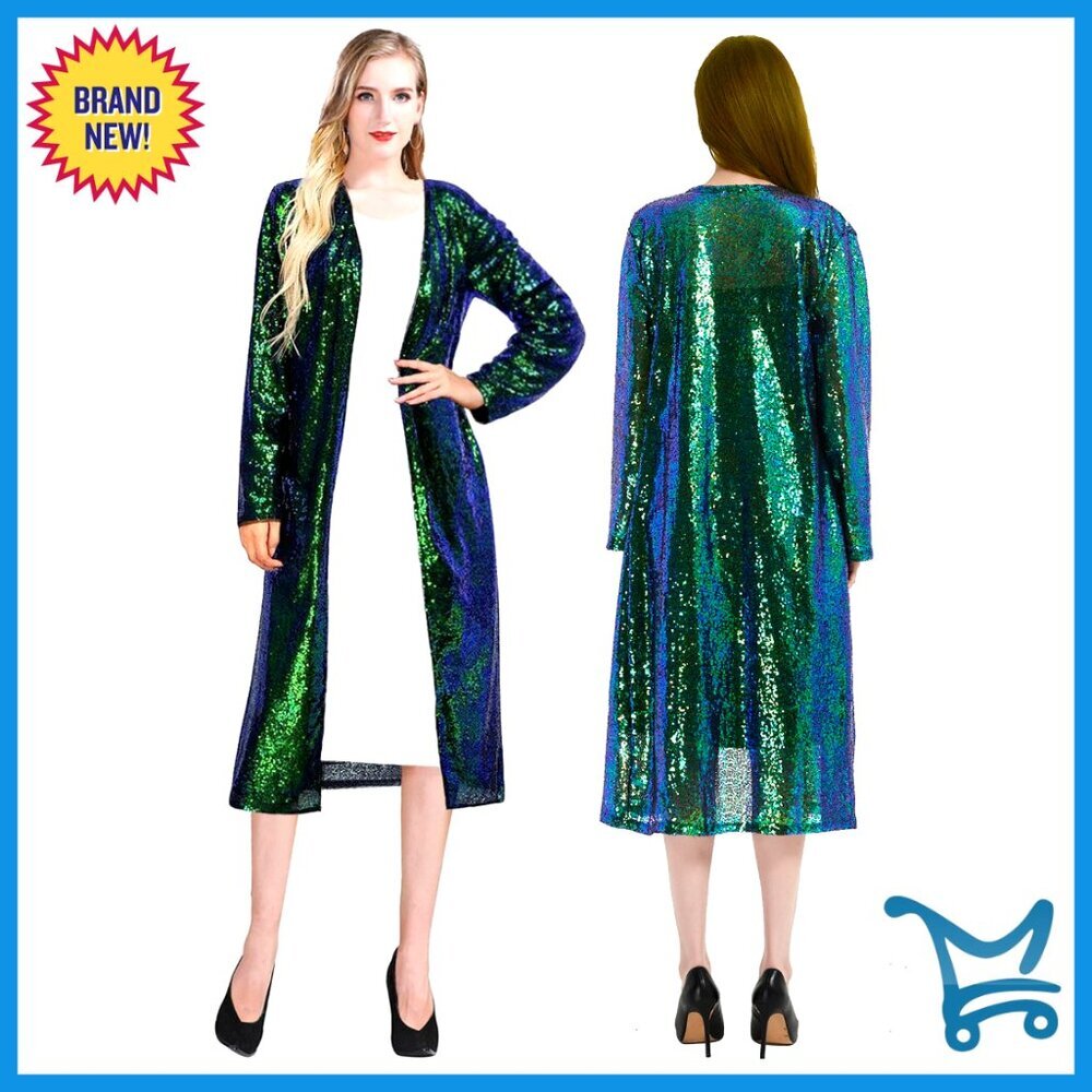 Sparkling Sequin Open Front Long Sleeve Cardigan Cover Up XXL
